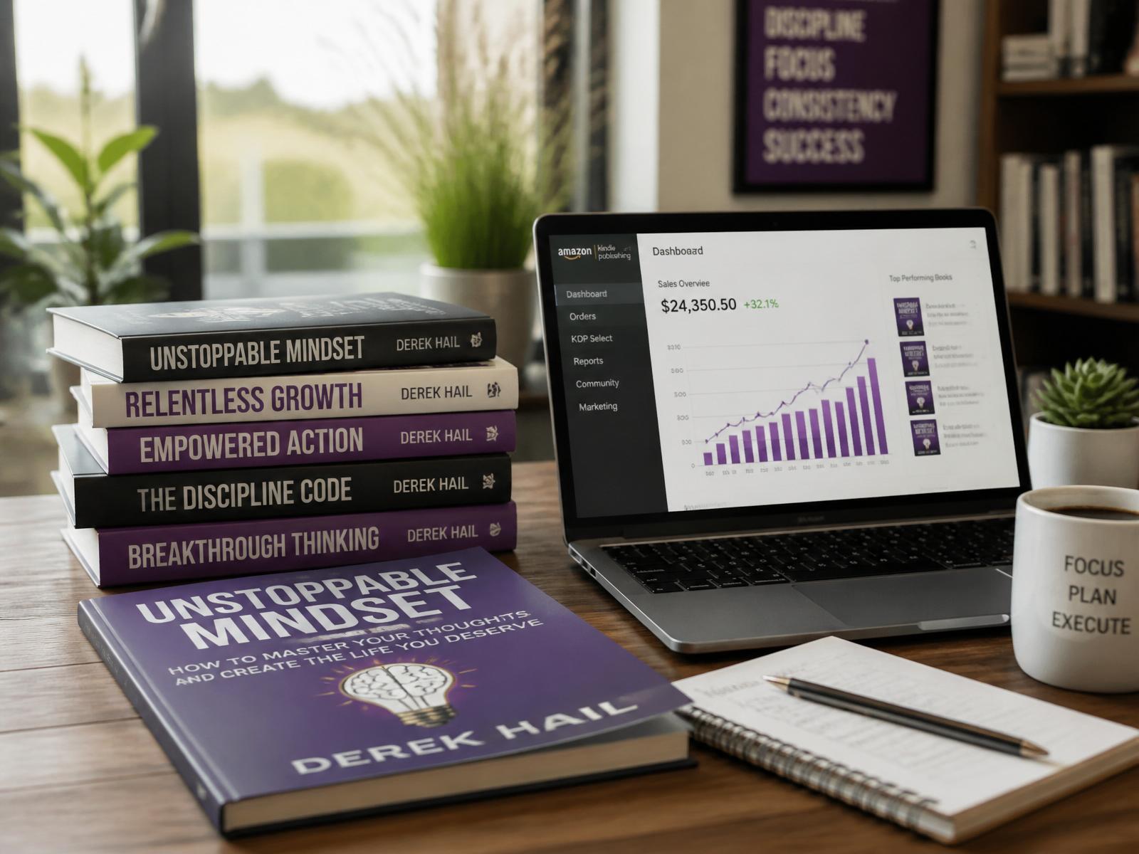 Books rising along a growth arrow representing book marketing success